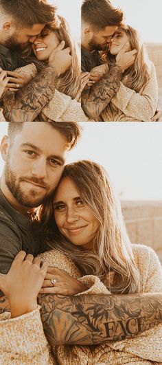 a couple hugging each other with tattoos on their arms