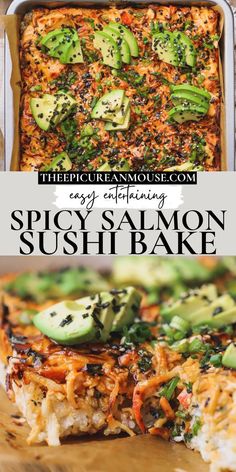 This spicy salmon sushi bake has all the flavors of sushi baked into one pan. Layers of sushi rice, seaweed, and a delicious creamy salmon mixture broiled to perfection and served with sheets of nori, ripe avocado and spicy mayo. Sushi Bake Bowl, Sweet Egg Sushi, Healthy Summer Dinner Recipes Gluten Free, Healthy Salmon Sushi Bake, Crispy Salmon Sushi Bowl, Salmon Bowl With Seaweed, Salmon Seaweed Bites, Keto Sushi Recipes, Salmon Dinner Recipes For Two