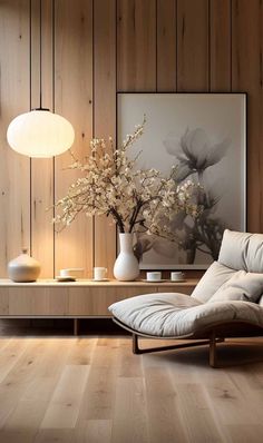 a modern living room with wood paneling and white vases on the side table