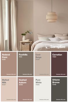 a bedroom with neutrals and browns in the color scheme, including bed linens