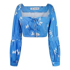 Made in New York City with 100% Organic Cotton, this floral crop top features a square neckline, functional lace-front ties, and long puff sleeves.  DETAILS: -Style: Square-Neck, Cropped, with Double-Puff Sleeves -Fit: Fitted -Color: Blue Floral -Closure: Lace-Front -100% Organic Cotton -Made In NYC Hand Wash (preferred) or Machine Wash Cold in Delicate Cycle Lay to Dry or Tumble Dry Low It is natural for natural fibers to wrinkle. Warm Iron/Steam to not let wrinkles set.  High Heat may cause sh Blue Floral Print, Floral Crop Tops, Long Puff Sleeves, Cotton Top, Independent Designers Fashion, Slow Fashion, Cotton Tops, Long Tops, Puff Sleeves