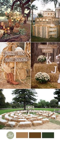 an outdoor wedding venue with hay bales and flowers