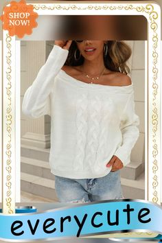 White Knitted Off The Shoulder Pullover Sweater White Cable Knit Sweater For Fall, Casual Knitted Tops In Winter White, Winter White Knitted Top, White Cable Knit Top For Fall, White Cable Knit Top For Winter, White Oversized Cable Knit Tops, Oversized White Cable Knit Tops, Winter Sweaters, Pullover Sweaters