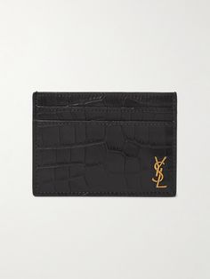 the saint laurent card case in black croct leather with gold monogram logo