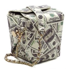 Lucky 100 Dollar Bills Takeout Box Chain Bag Smooth Textured PU Leather Magnetic snap closure Detachable shoulder strap L 5.3 * H 5.6 * W 4.3 Rectangular Bag With Snap Closure As Gift, Rectangular Bucket Bag With Chain Strap, Rectangular Travel Bucket Bag With Chain Strap, Trendy Formal Bag With Snap Closure, Formal Rectangular Bucket Bag With Chain Strap, 100 Dollar Bill, Christmas Tree Pillow, Air Pillow, Dollar Bills