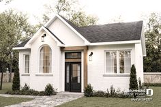 a small white house with a black front door