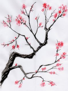 a drawing of a tree with red flowers on it