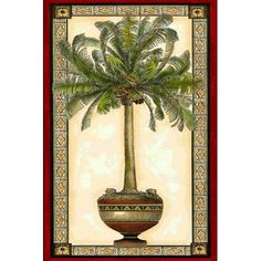 a painting of a potted palm tree on a tile background with red trimmings