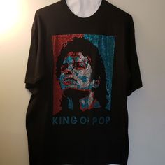 This Shirt Was Specially Designed With Rhinestones, And Has Never Been Worn. Smoke Free And No Pets! Black Rhinestone T-shirt For Streetwear, Black Crew Neck T-shirt With Rhinestones, Black Cotton T-shirt With Rhinestones, Michael Jackson, Black Tee, Colorful Shirts, Tee Shirts, Mens Shirts, Man Shop