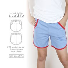 the child's shorts are lined with red and blue fabric, while the bottom half is