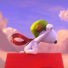 a cartoon character leaning on top of a red object