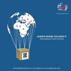 an advertisement for the international courier service, with balloons floating in the sky above it