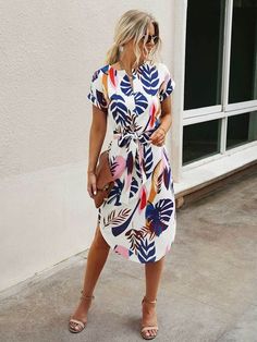 Notched Neck Leaf Print Belted Dress Womens Shoes Casual, Hawaii Outfits, School Look, Material World, Classy Dress Outfits, Be Simple, Womens Clothes, Indo Western, Shein Style