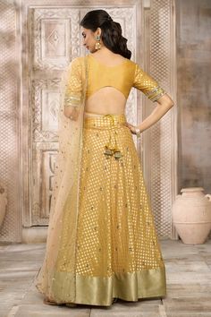 Ochre lehenga with floral pattern woven motifs. Comes with mirror embroidered blouse and butti embroidered dupatta. - Aza Fashions Woven Mirror, Embroidered Dupatta, Embroidered Blouse, Set For Women, Aza Fashion, Lehenga, Floral Pattern, Mirror, For Women