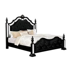 a black bed with white sheets and pillows on the headboard is in front of a white background