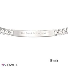 This classic engravable ID bracelet is the perfect gift for yourself or your loved one. Engrave the front with a name or a special date and add a meaningful message to the back. Handcrafted in sterling silver, this 8" men's bracelet features a figaro-link chain secured with a lobster clasp for just the right fit. Formal Engraved Stainless Steel Bracelets, Formal Engraved Stainless Steel Bracelet, Stainless Steel Nameplate Bracelet, Elegant Stainless Steel Nameplate Bracelet, Formal Stainless Steel Engraved Bracelets, Classic Personalized Bracelets For Promise, Classic Personalized Stainless Steel Bracelet, Classic Name Bracelet With Engraved Text As Gift, Classic Engraved Name Bracelet Gift