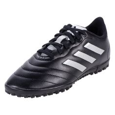 a black soccer shoe with white stripes on the upper and bottom part of the shoe