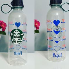 two water bottles with different designs on them, one is blue and the other has pink flowers