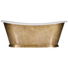 an old fashioned bathtub with gold paint and white trim on the side, against a white background