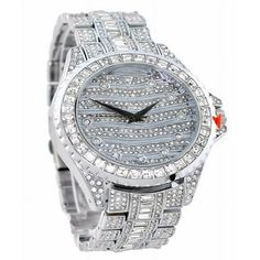 This is a description of a men's watch that is designed to impress. The watch has a silver-tone metal case that is 46mm in diameter and 14mm thick. The case is covered with sparkling cubic zirconia stones on the bezel and the dial. The bracelet is also made of silver-tone metal and has cubic zirconia stones along its 22mm width. The bracelet can fit wrists up to 8 inches in circumference. This watch is a perfect accessory for clubbing or any occasion where you want to stand out. Size: one size.  Gender: male.  Age Group: adult. Cz Bracelet, Men's Watch, Luxury Watches, Cubic Zirconia, Age Group, Silver Tone, Bracelet, Silver, Quick Saves