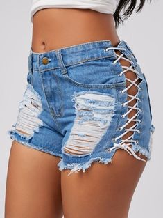 Sexy Summer Women Denim Shorts Blue High Waist Ripped Short Jeans Femme Tassel Lace Up Bandage Shorts Ripped High Waisted Jeans, Destroyed Denim Shorts, Lace Denim Shorts, Mini Denim Shorts, Mode Hippie, Summer Shorts Denim, Diy Shorts, Denim Decor, Ripped Jean Shorts