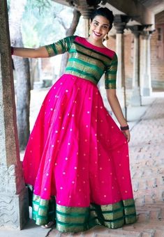 Sari Frock Design, Saree One Piece Gown, Pattu Long Frocks For Women Latest, Ladies Frock Design, Party Wear Frocks