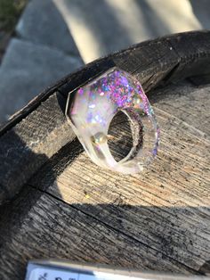 One black & white with purple Opal Esse, glow in the dark resin ring. Luminous White Jewelry For Party, Unique White Rings For Party, Unique White Party Rings, Unique White Ring For Party, White Resin Jewelry For Parties, Handmade White Rings For Party, Glow In The Dark Resin, Purple Opal, Resin Ring