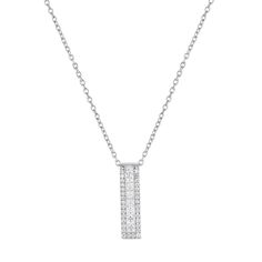 A rectangle pendant emphasized with square- and round-cut cubic zirconia stones gives this necklace a dazzling look.PENDANT DETAILS Pendant length: 0.8 in. Chain length: 18 in. Chain type: rolo Clasp: spring-ring Metal: sterling silver Plating: rhodium Finish: polished Packaging: boxed CUBIC ZIRCONIA DETAILS Total weight: 1 1/4 ct. Shape: square, round Setting: channel, prong Gemstones may have been treated to enhance their appearance. Special care may be required. Please visit our Gemstone Trea Anniversary Cubic Zirconia Necklace With Rectangular Pendant, Cubic Zirconia Necklace With Rectangular Pendant For Anniversary, Fine Jewelry Rectangular Necklace With Single Cut Diamonds, Formal Single Cut Diamond Rectangular Necklace, Diamond White Cubic Zirconia Rectangular Necklace, Dazzling Rectangular Diamond White Jewelry, Rectangular White Gold Diamond Necklace With Accents, Anniversary Diamond Necklace With Rectangular Pendant, Rectangular Sterling Silver Necklaces With Diamond Accents