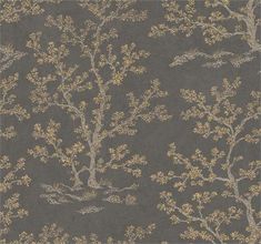 a wallpaper with trees and birds in grey, gold and white colors on a dark background