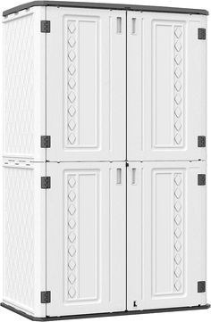 a large white storage cabinet with four doors