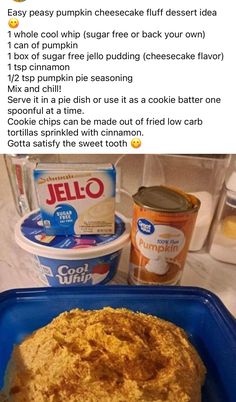 a blue plate topped with food next to an ice cream container