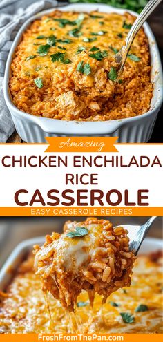 chicken enchilada rice casserole in a white dish