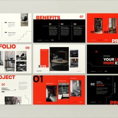 Red and Black Minimalist Interior Design PowerPoint Minimalistic Presentation Design, Red Presentation Design, Black Presentation Design, Portfolio Presentation Design, Minimalist Layout Design, Presentation Deck Design, Red And Black Interior Design, Red Web Design, Minimalist Presentation Design