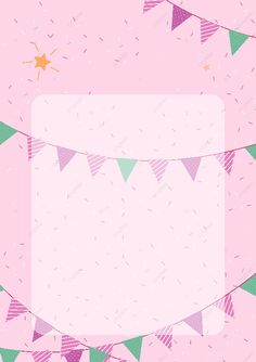 a pink background with bunting flags and confetti on the bottom right corner