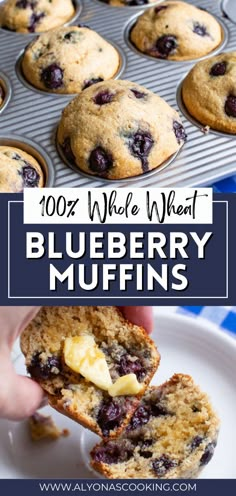 blueberry muffins in a muffin tin with text overlay