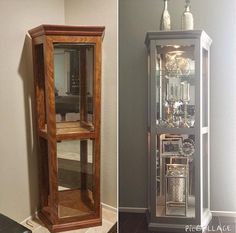 two pictures side by side one has a grandfather clock and the other has a glass case