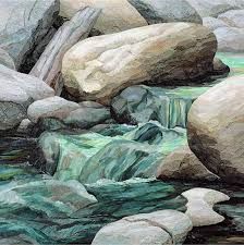 there is a painting of rocks and water in the stream that runs between two large boulders