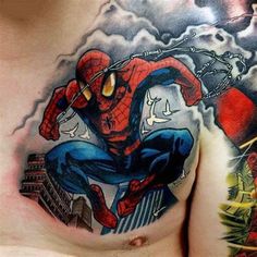 a man with a spiderman tattoo on his chest