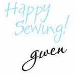 the words happy sewing are written in black and blue