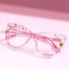 Transparent Pink Glasses with Pearl and Glitter Stars Pink Clear Glasses, Wire Frame Glasses, Pearl Glasses, Fun Glasses, Funky Glasses, Unique Glasses, Transparent Frame, Pink Glasses, Glitter Glasses