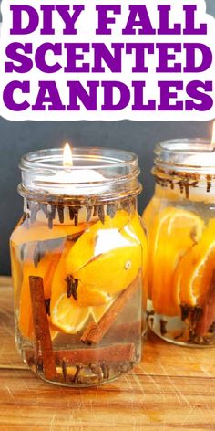 diy fall scented candles in mason jars with cinnamon sticks and orange slices on top