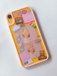 a cell phone case with an image of a person and a teddy bear on it