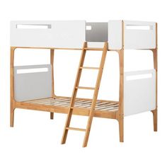 a wooden bunk bed with two ladders