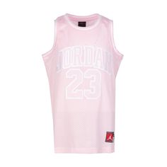 Just like Mike. The Jordan '23' youth jersey is inspired by the original so kids can feel like the legend, Michael Jordan himself. Perfect for playtime on the court or for wearing with their favorite J's. Jordan standard fit. Knit mesh fabric. Ribbed neckband and armholes. Fabric: 100% polyester. Imported. Varsity Basketball Jersey Tops, Varsity Basketball Tops With Team Logo, Throwback Basketball Tops With Team Logo, Collegiate Sleeveless Breathable Tops, Sporty White Sleeveless Jersey, Cotton Sleeveless Jersey For Streetwear, Sleeveless Cotton Jersey For Streetwear, Breathable Sleeveless Collegiate Tops, Pink Tops With Team Logo For Sports Season