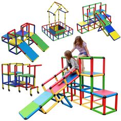 children playing on colorful plastic playground equipment