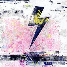 an abstract painting with pink, blue and yellow colors on it's edges is shown