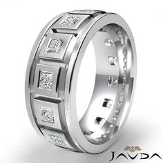 a diamond set wedding ring with four princess cut diamonds in the center and side stones