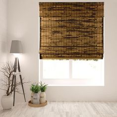 a bamboo blind in a white room with a potted plant on the floor next to it