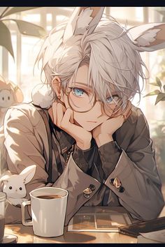 an anime character sitting at a table with a coffee cup and bunny ears on his head