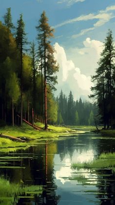 a painting of a lake surrounded by trees